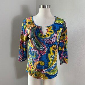 CHICOS Womens Medium Colorful Paisley 3/4 Sleeve Stretch Top Notch Neck Blouse